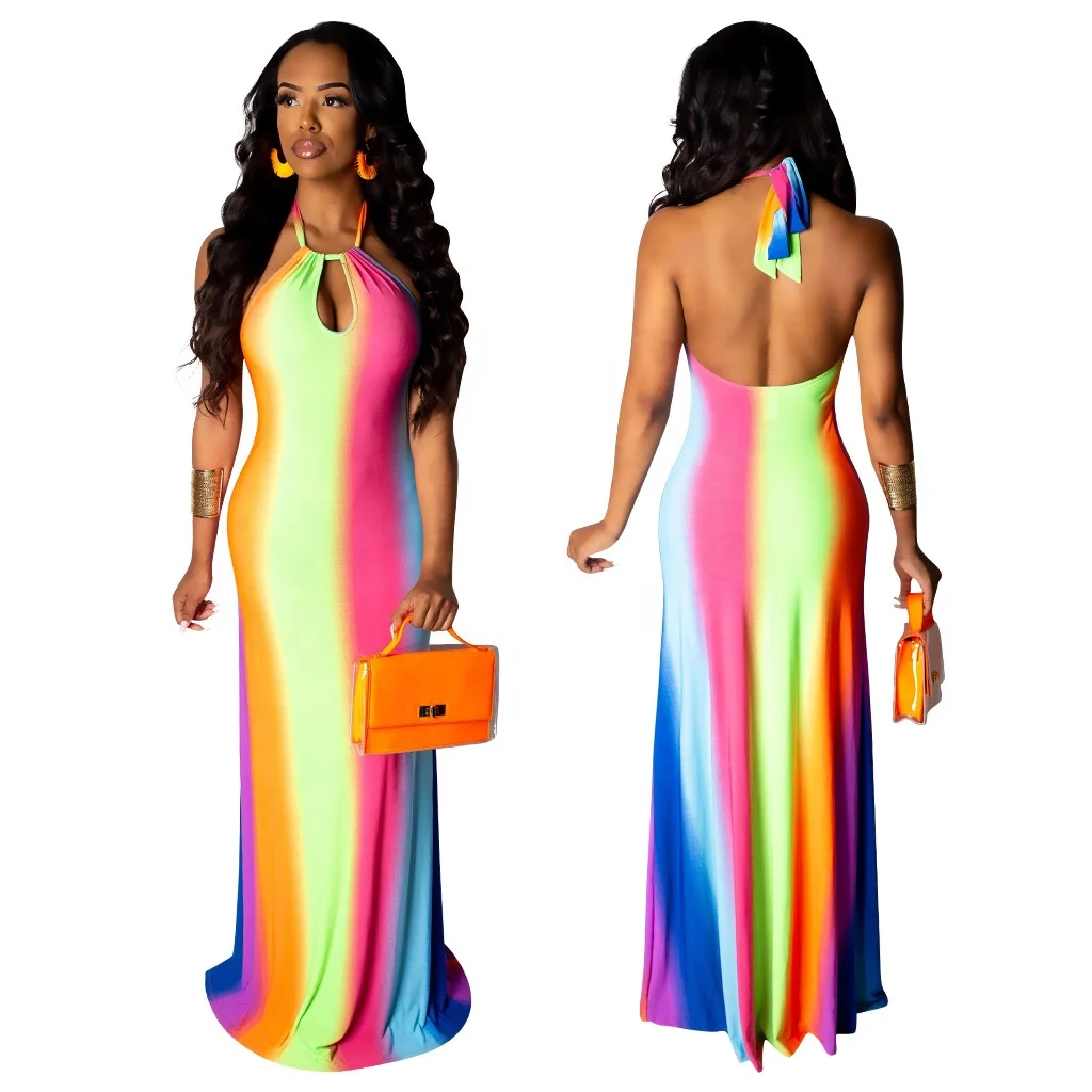 

AI61-4049 Tie-dye gradient print halterneck halter dress
