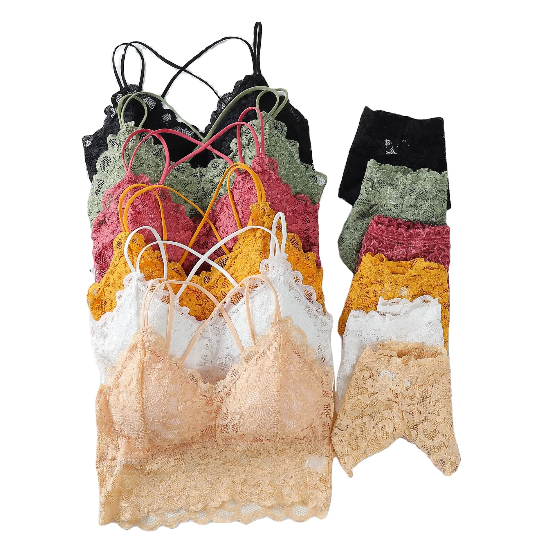 

Hot Selling Women hollow out beauty back without steel ring elastic lady lace bra sets, 6 colors