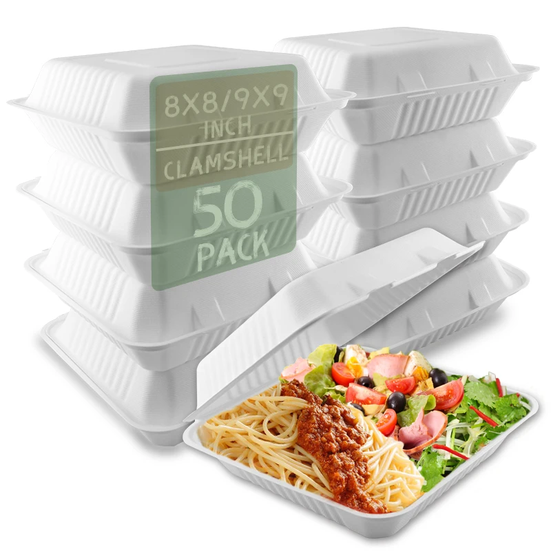 

9*9 inch Eco Friendly Biodegradable Disposable Sugarcane Bagasse pulp Takeaway Food Containers Lunch box, White/natural