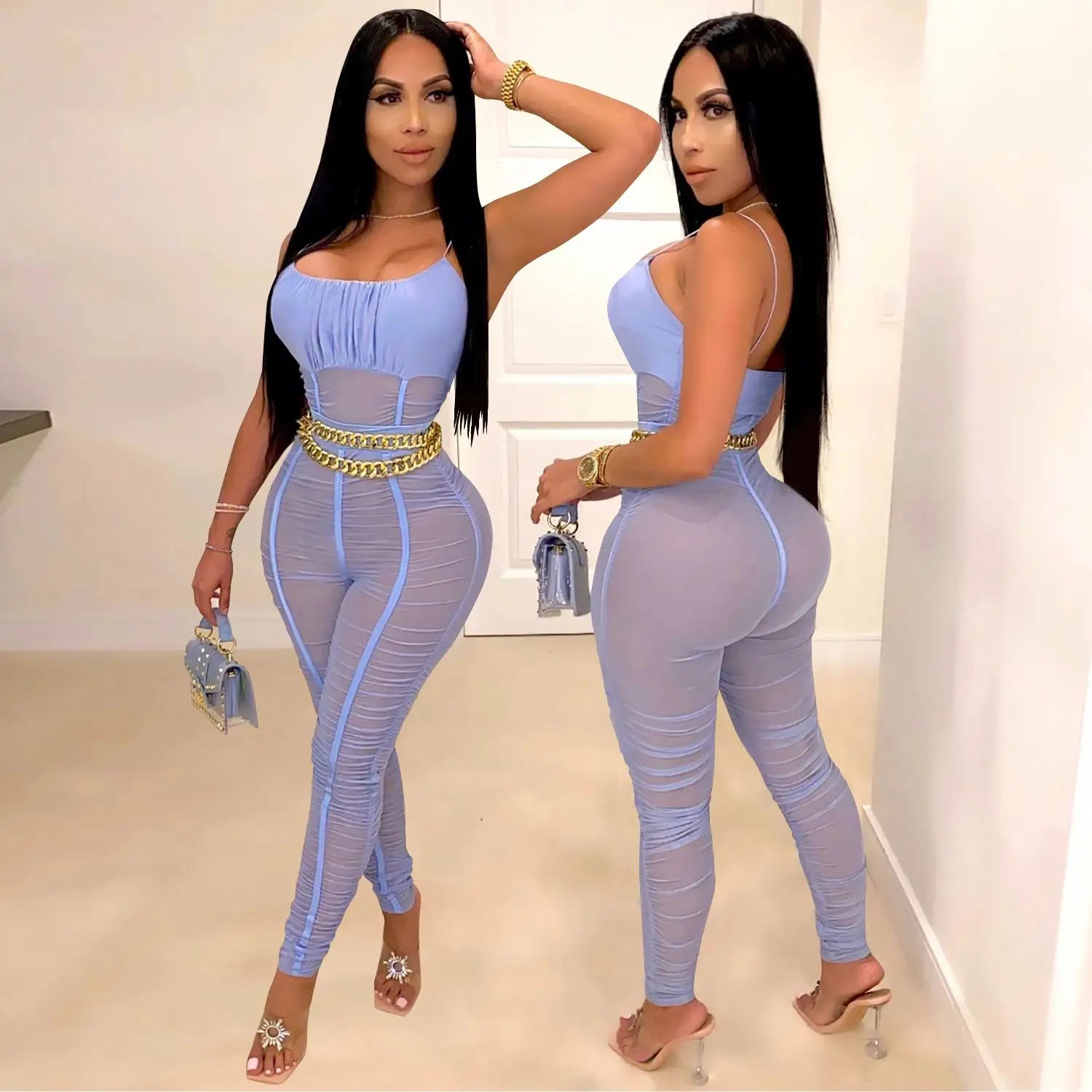

FREE SAMPLE JHTH 2021 women's nightclubs sexy halter with mesh see-through jumpsuit (without belt), Green/black/white