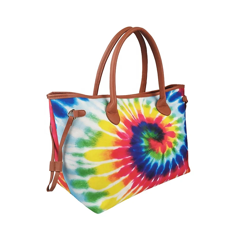 

Tie Dye Tote In Stock Wholesale Personalized Women Hasp Leather Tie Dye Printed Canvas Tote Bag, As pics show