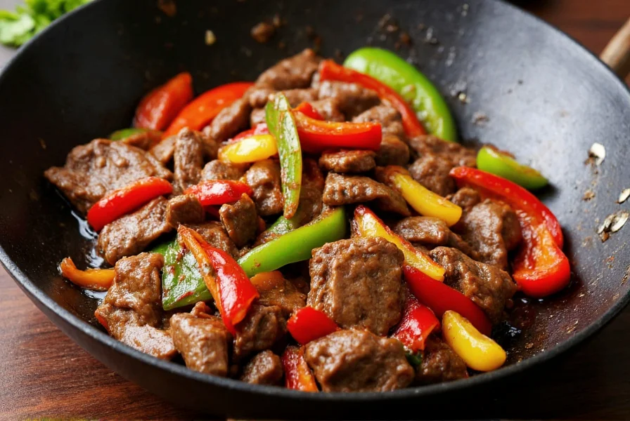 Sizzling beef and colorful bell peppers in wok with glossy sauce