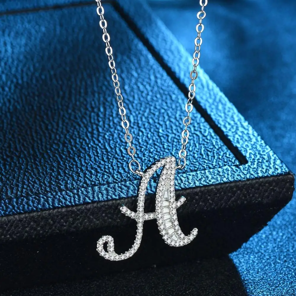 

Newest design Platinum Plated CZ necklace Minimalist daily Shine 3A Zircon A-Z Letters Shape Necklaces for Women, Silver