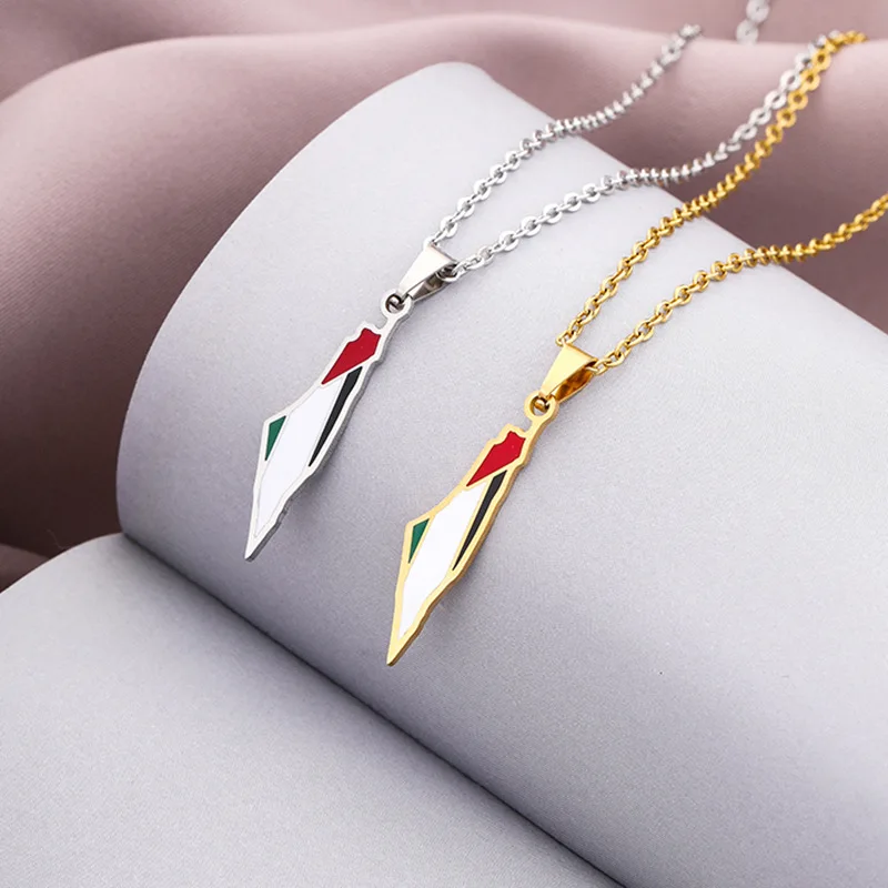 

Enameled Palestine Map Chain Necklaces Stainless Steel 18K Gold Plated Enamel Palestine National Flag Map Pendant Necklace