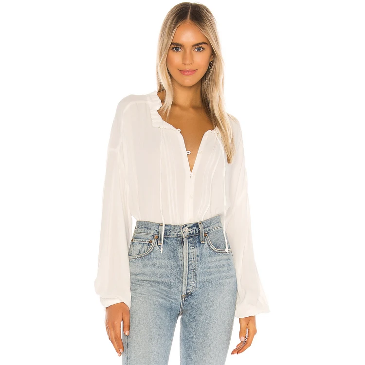 

Ivory color front button loop closure ruffle and pintuck trim split neckline blouse shirt