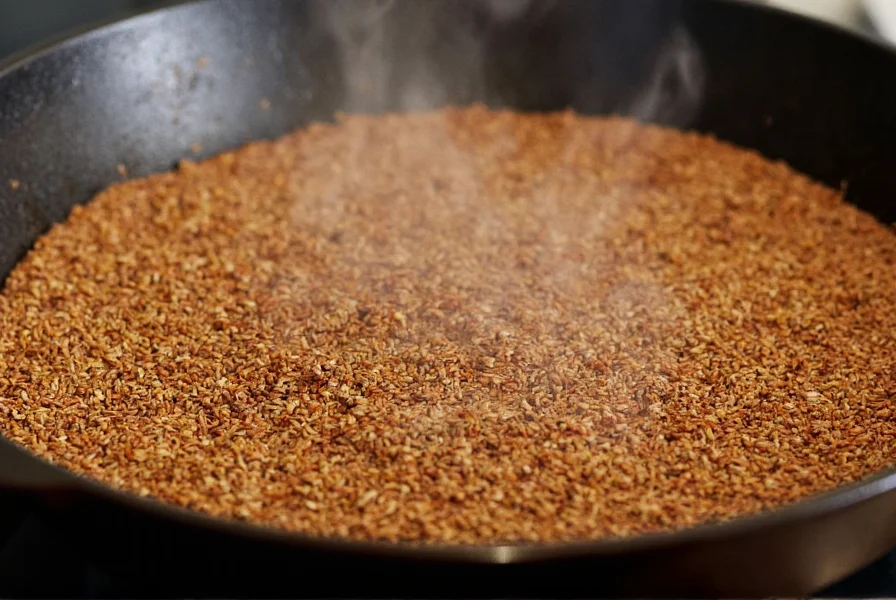 Close-up of toasted cumin seeds in a cast iron skillet with steam rising