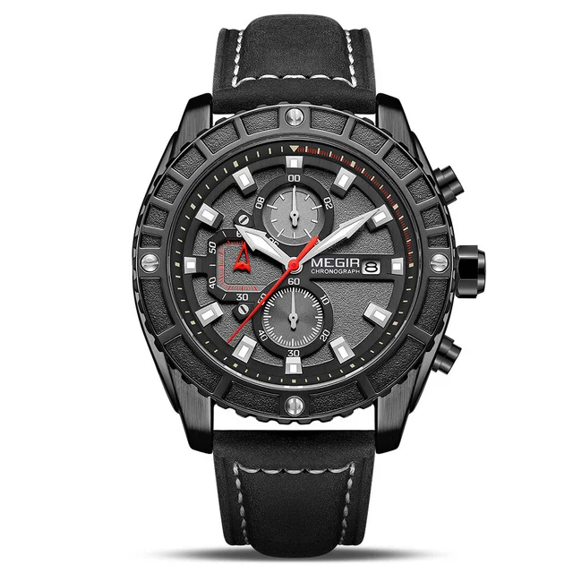 

MEGIR 2119 black watch genuine leather man chronograph custom logo relogio stainless steel back water resistant watches