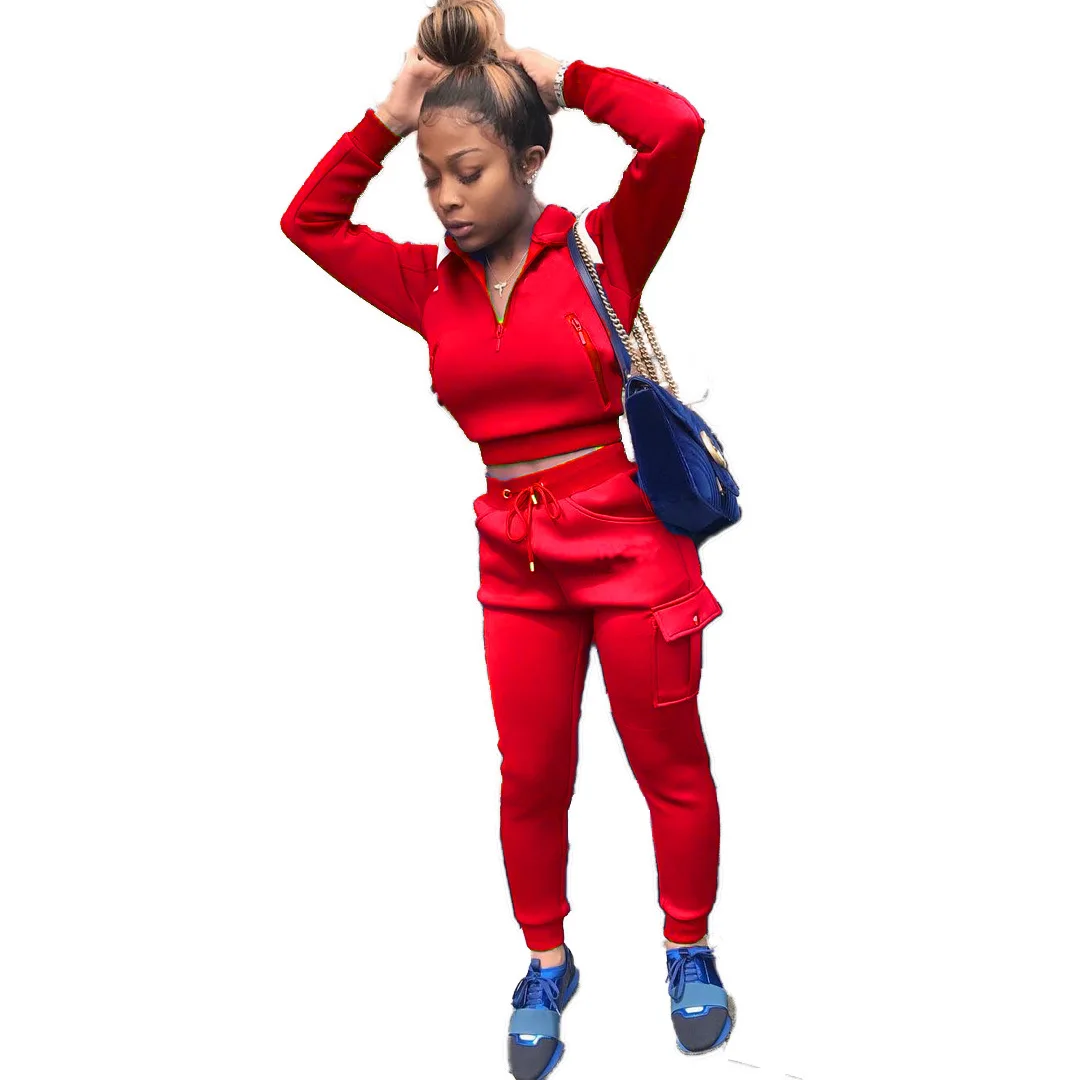 

Ladies Winter Solid Color Two Piece Set Tracksuit Long Sleeve Stretchy Zipper Women 2 Piece Set