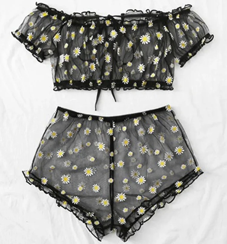 

Sweet Sexy Floral Off Shoulder 2Pcs Sets See Through Lingerie Women Transparent Tops+Shorts Panties Sleepwear