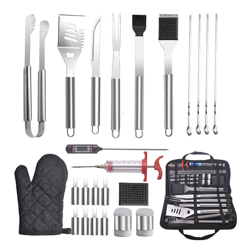 

25PCS BBQ accesories grill tools set for Camping Kitchen Barbecue outdoor Thermometer and Meat Stainless Steel Grilling Kit