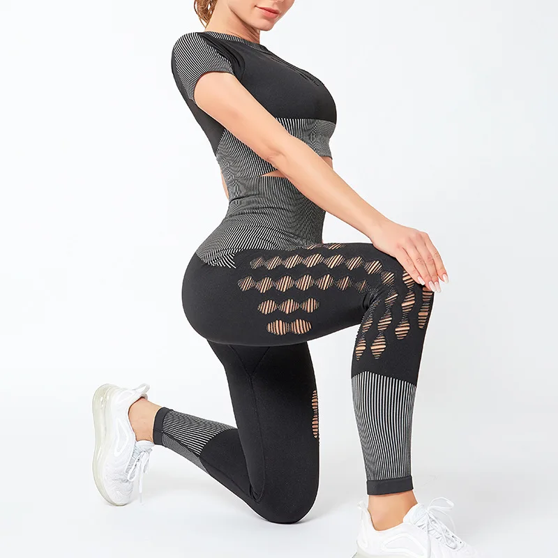 

High waist pants+crop top t shirt women yoga two piece set hollow out fitness gym sportswear clothing seamless sets