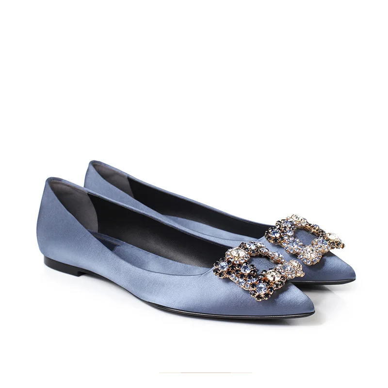 

women's red satin bridal shoes new square buckle pointed flat shoes