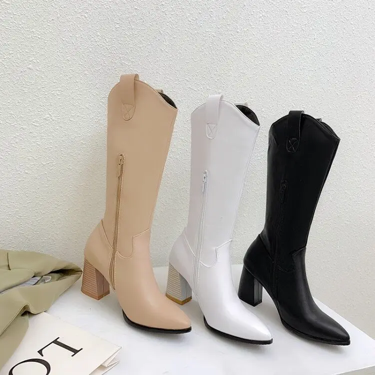 

Fashion high quality ladies lager size leather chunky high heel knee high long boots, White,black,brown