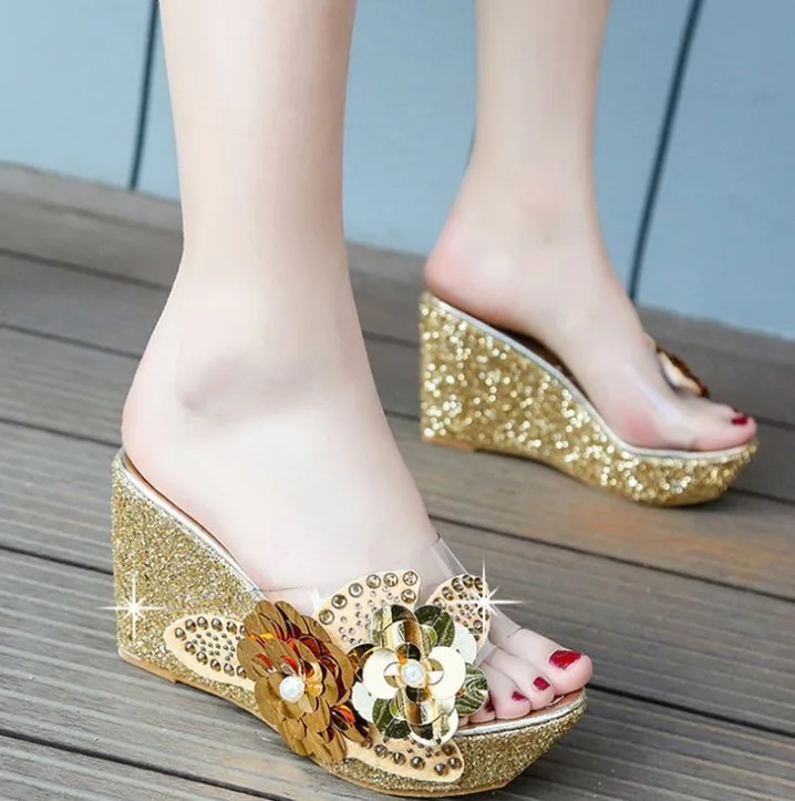 

hb10126a 2020 Korean Edition High Heel Women Summer Slippers Sweet Beaded Flower Sandals, Black, gold,silver