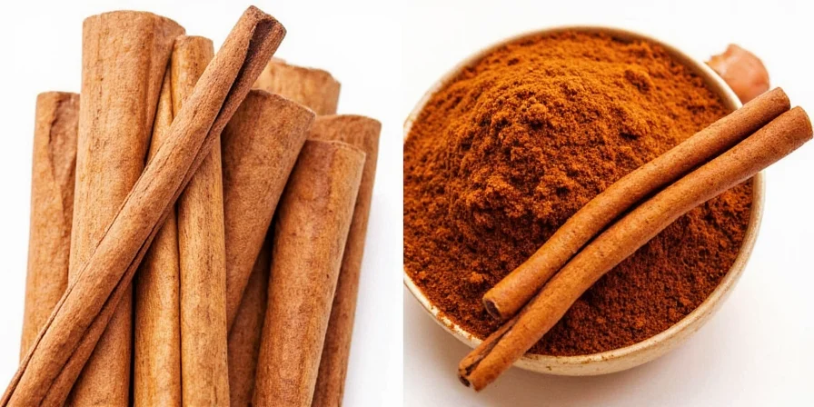 Spices in a kitchen including cinnamon sticks and powder