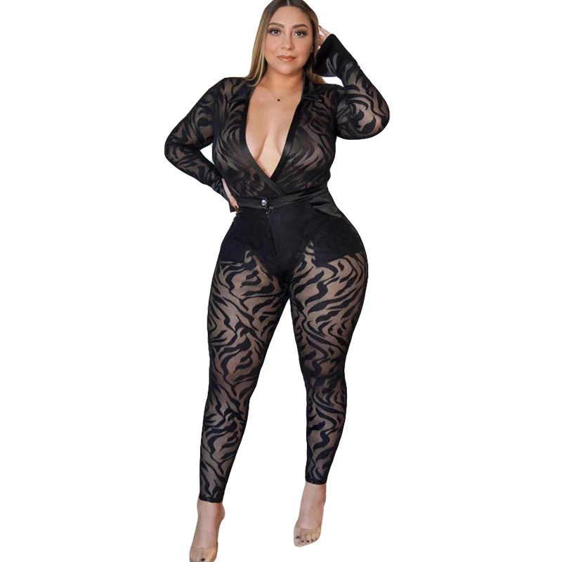 

2021 Europe and the United States new summer dress plus deep V-neck sexy two-piece jumpsuit large size, Black