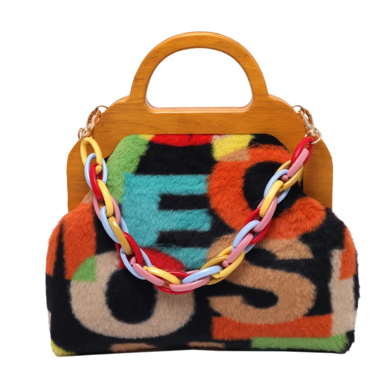 

New Arrival Fashion Colorful Printing Faux Fur Ladies Handbags Acrylic Chain Girl Handbags Women Bags with Wooden Handles, 5 colors