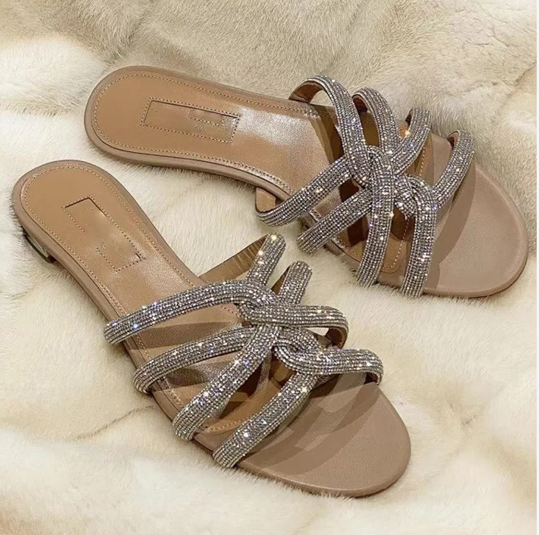 

2021 summer new arrival European and American diamond sandals flat women rhinestone slippers, Pictures