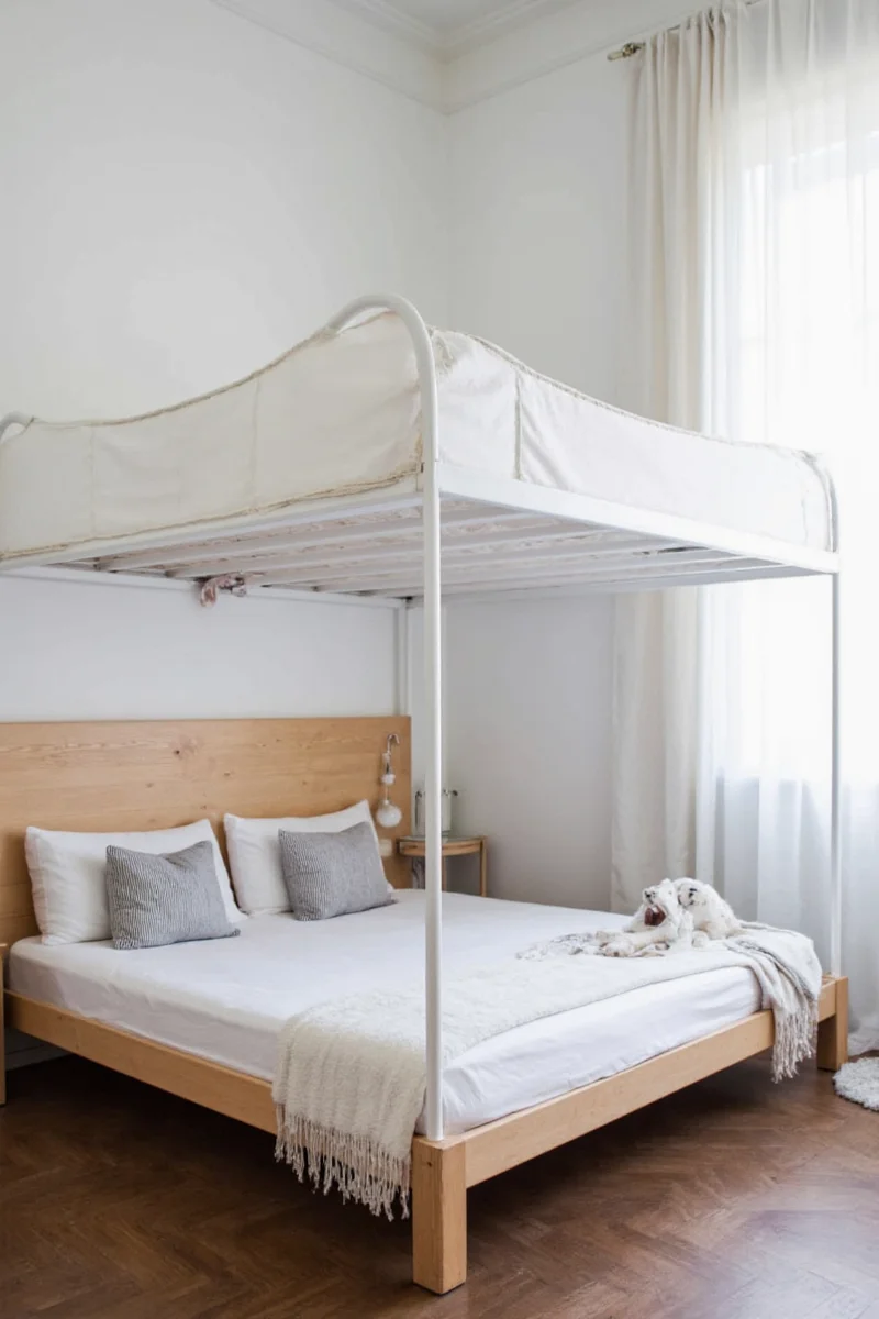 Baskets hanging above a bunk bed for storage