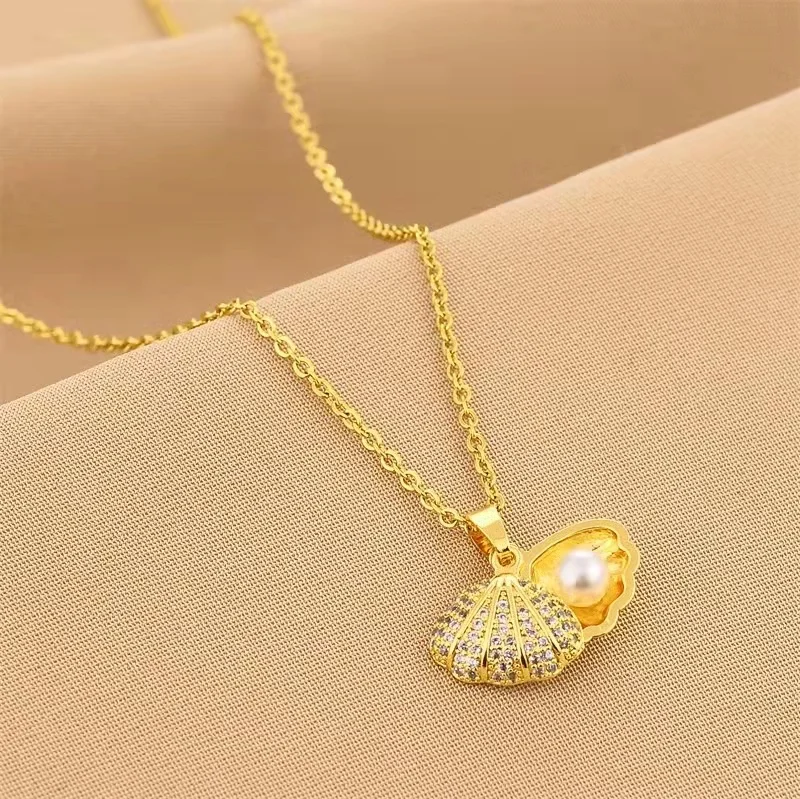 Stainless steel chain necklace 18k with zirconia fashion ladies pearl shell necklace