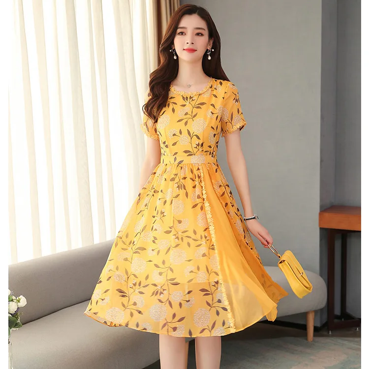 

Summer yellow printed casual chiffon boutique wholesale dresses women