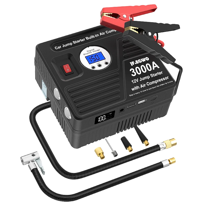 

Jump starter with air compressor 12V 3000A car battery 150 PSI car jump starter and tyre compressor