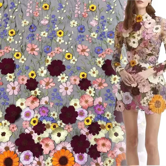

good-looking Multi-Color 3D Flower Navy Blue Lace Embroidered tulle mesh Fabric
