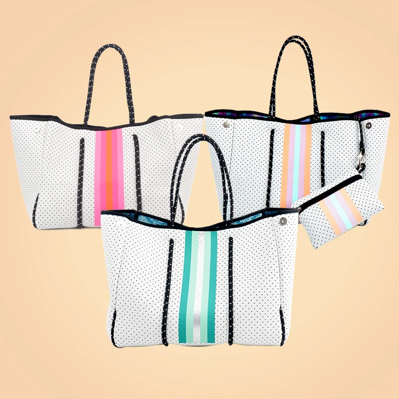 

Hot Selling Customized Stripe Neoprene luxury Fashion Beach purses new design Waterproof Tote Bag handbag from china, Sample or customized