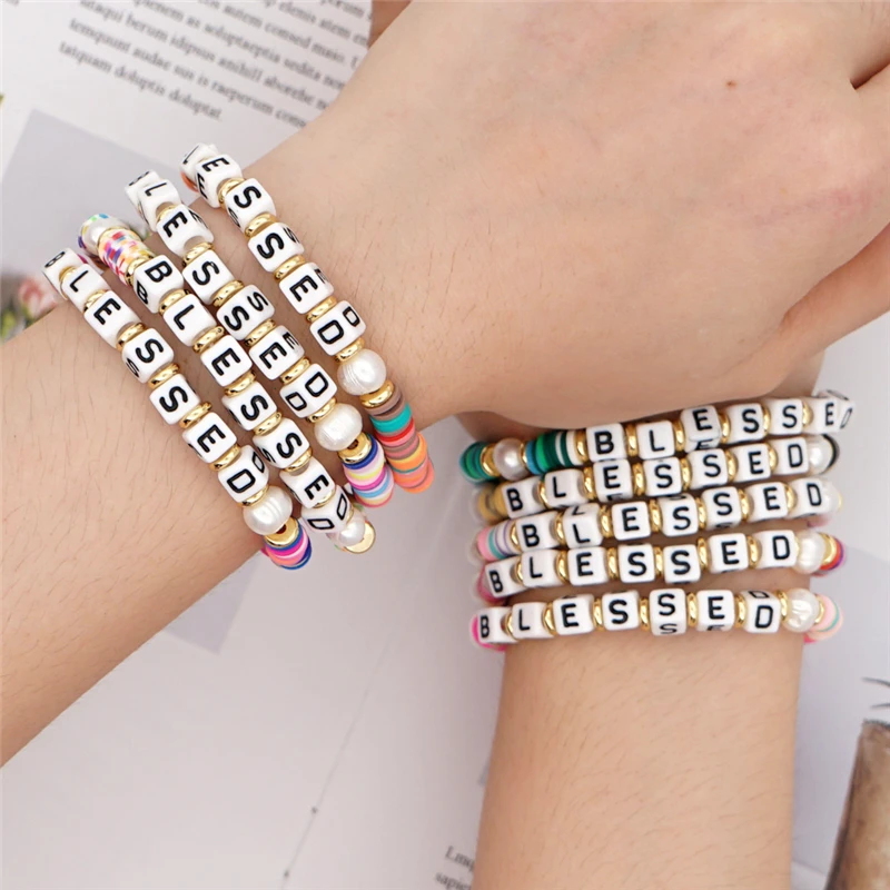 

Summer Beach Jewelry Women Color Polymer Clay Bracelet Acrylic Letter Beads Bracelet, Multicolor