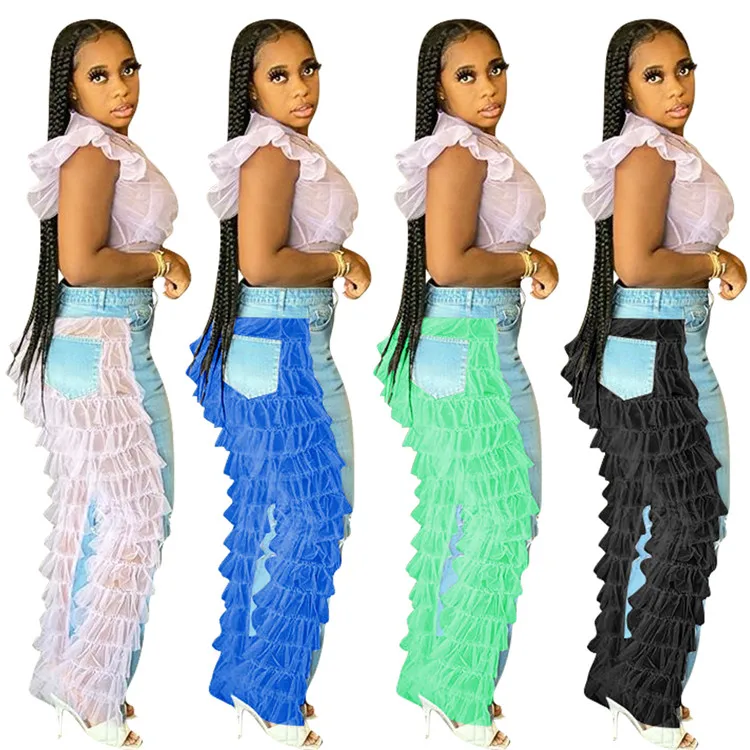 

Waterfall Mesh Ruffles Lace Patchwork Denim Pants Autumn Women Streetwear Straight Ripped Jeans Trousers High WaistTrousers, As picture