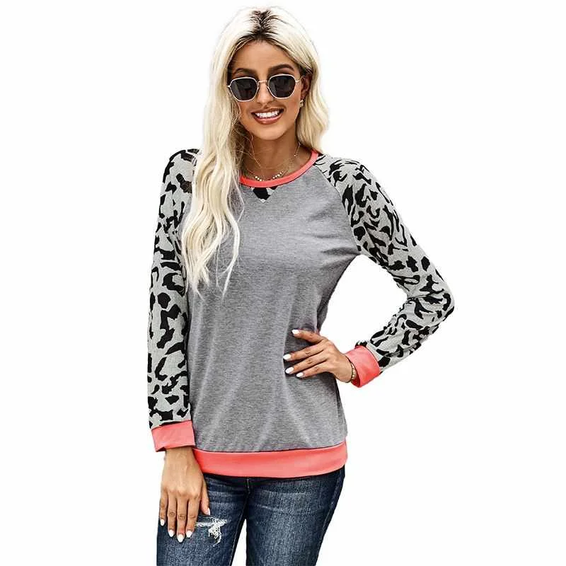 

New Style Bulk Long Sleeve Crewneck Women Leopard Fashion Pullover Sweatshirt, Accept customized fashion pullover sweatshirt
