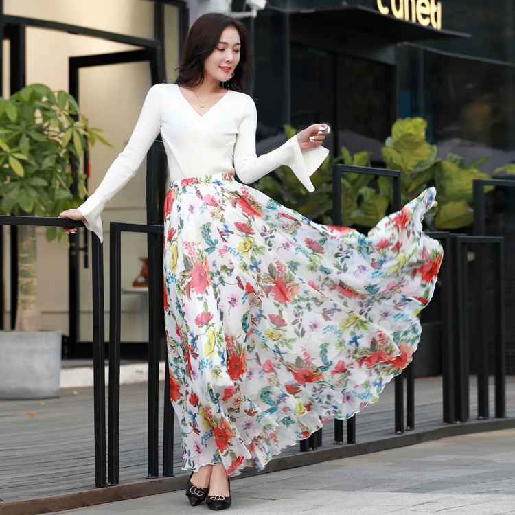 

Latest Design Floral print digital Printing Women Long High Waist Skirts Boho Korea Style vintage A-Line Maxi Skirts with pleats