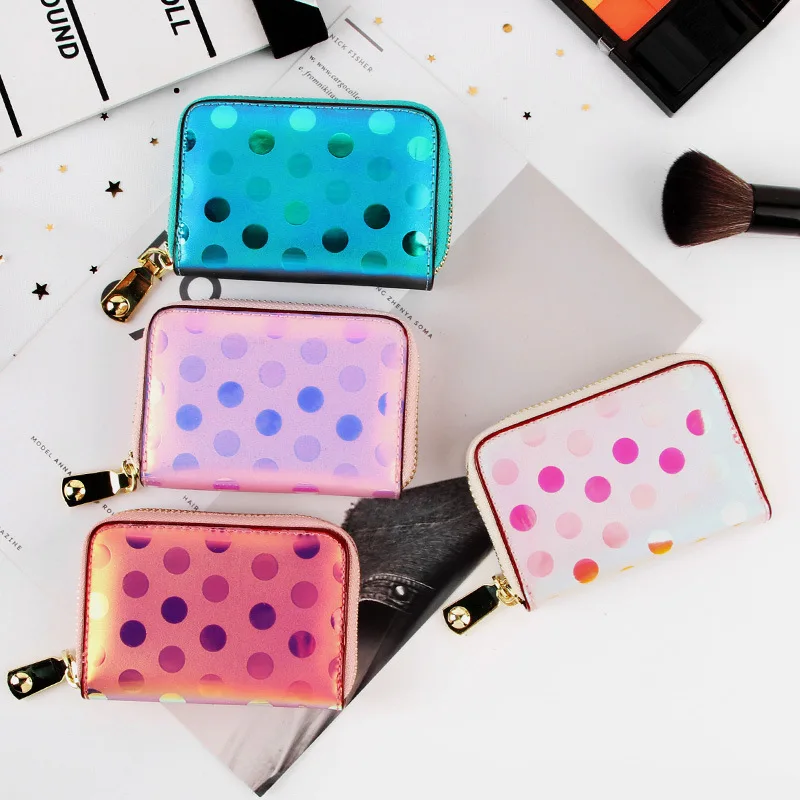 

2019 Korean Design Cute Laser Card Package Dot Multi-function Zipper wallet For School Id Card Holder Purse, Customize