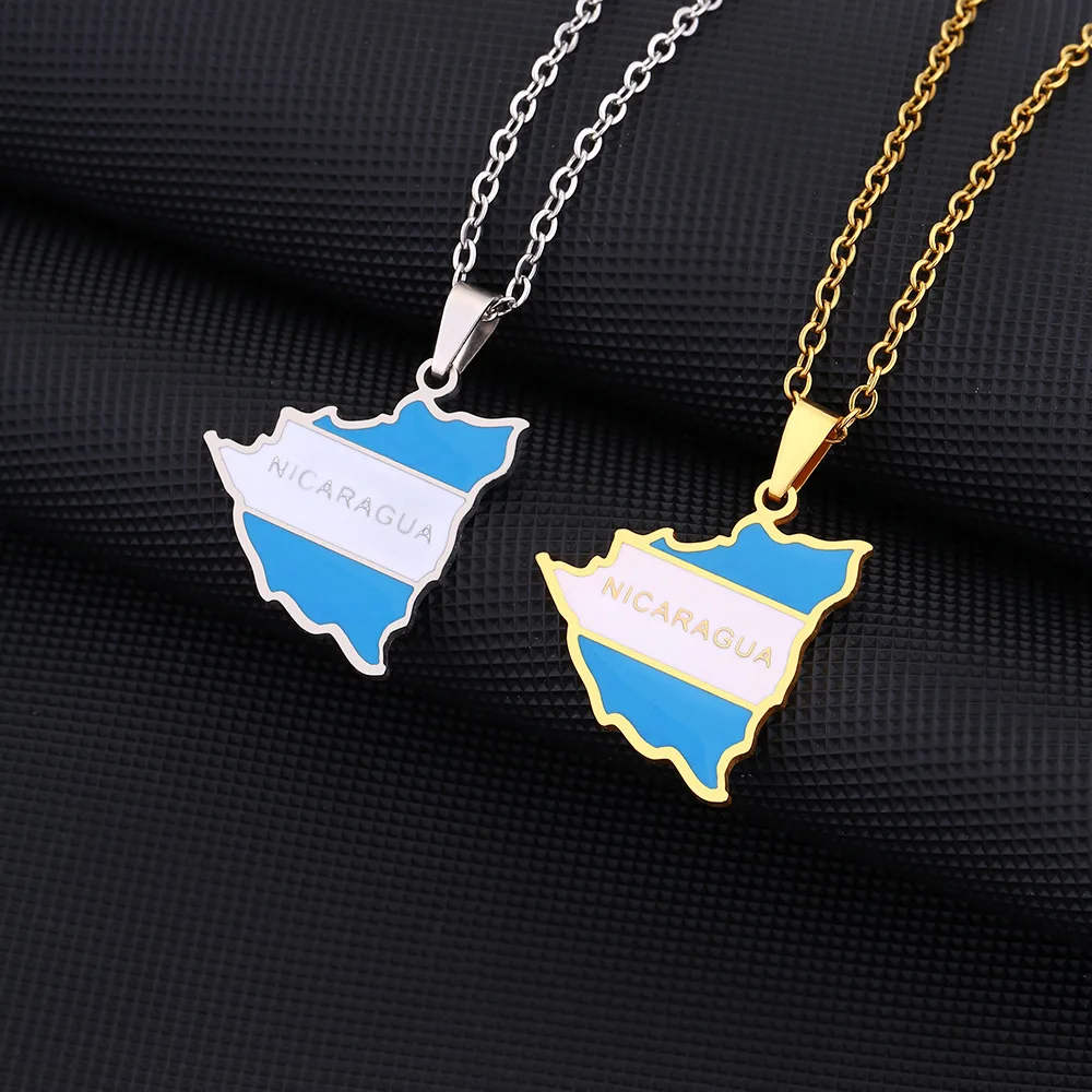 

Hot Selling Geometric stainless Steel Nicaragua Map Flag Pendant Couple Necklace