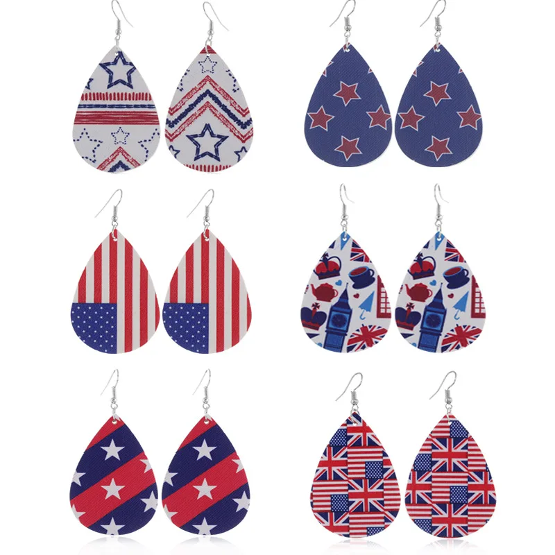 

2021 New Independence Day Pu Leather Water Drop Flag Pendant Earrings Women Fashion 4th Of July Drop Earrings, As picture show