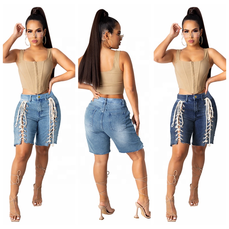 

2021 Lace Up Front Denim Shorts Plus Size For Women, Blue, dark blue