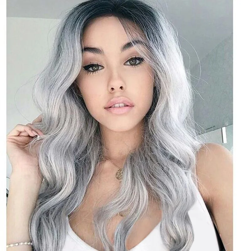 

Closure Colored Silver Mix Heat Resistant Wig Silk Sexy Long Hair Colorful Wig, Ombre
