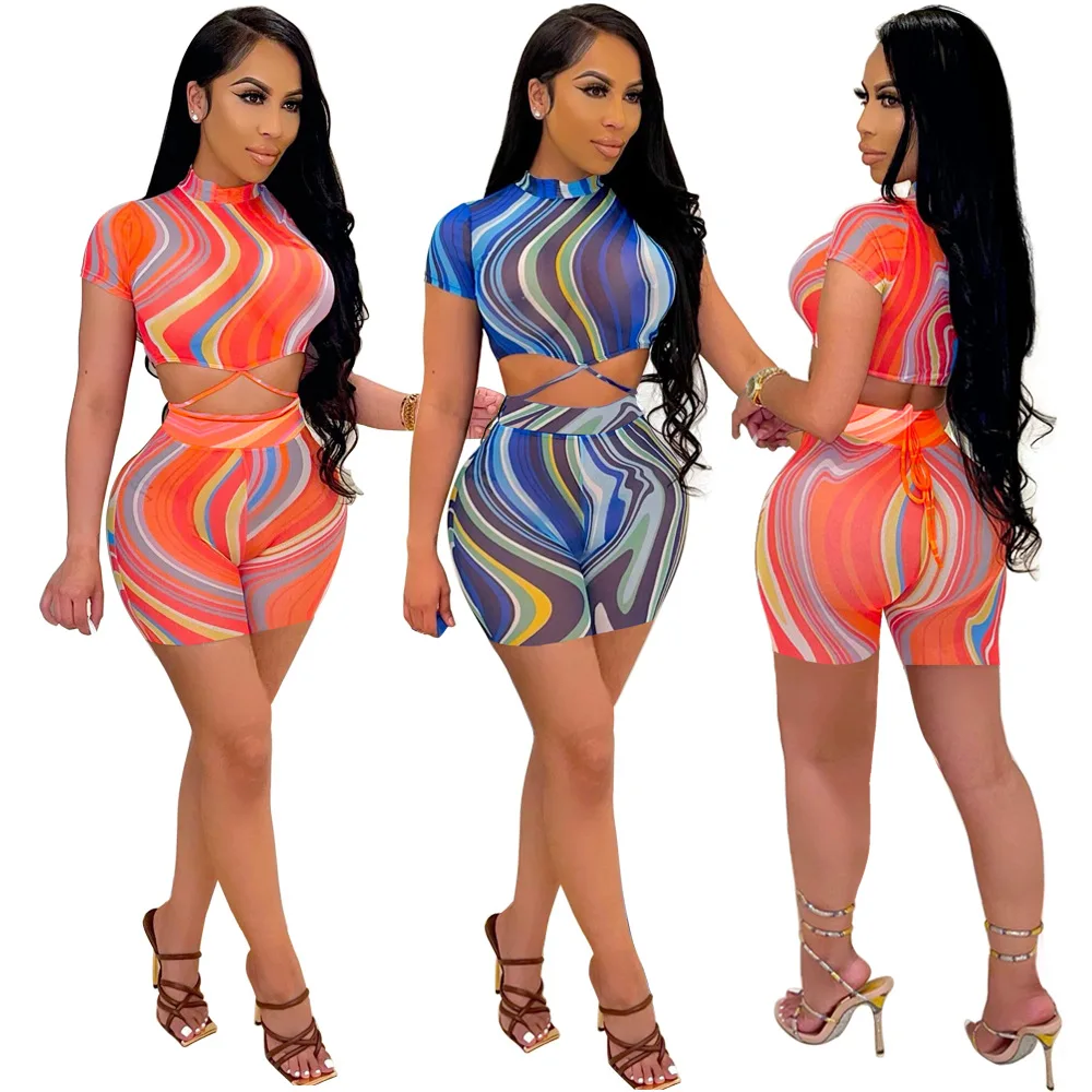 

Woman 2 Piece Short Set Clothing Sexy Dresses 2021 Women Printed Bandage Top Short Pants Two Piece