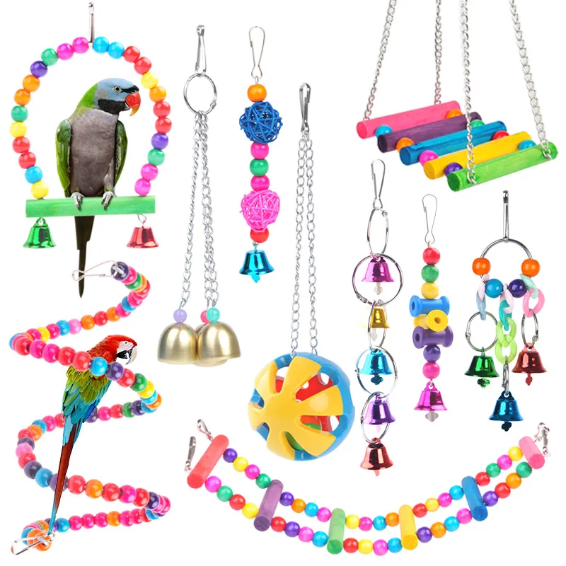 

Bird Toy Hanging Cage Swing Bridge Hanging Accessories Set Parrot Cage Toys Bird Swing Toys Bells, As picture