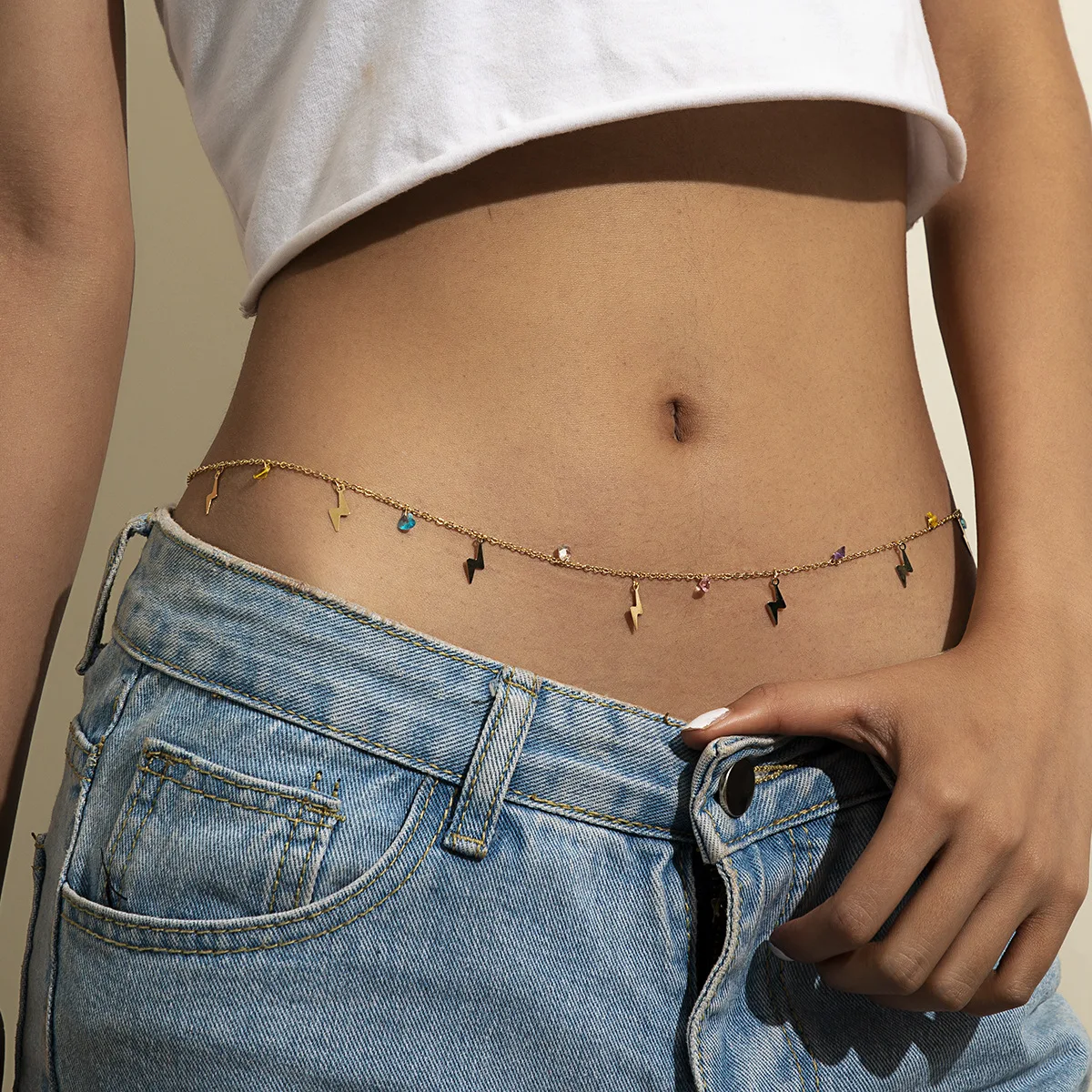 

Colorful Shiny Crystal Lightning Gold Plated Body Chains Small Charm Belly Chain Acrylic Boho Minimalist Sexy Body Jewelry 2021, Gold/silver