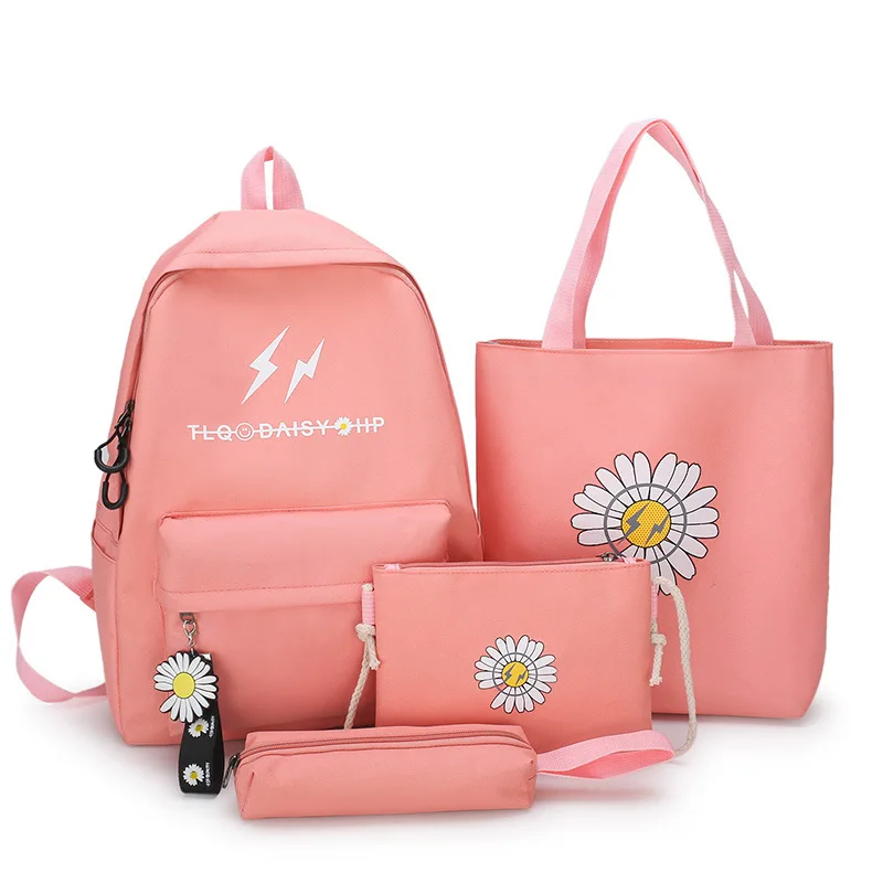 

New Design Fashion Leather Flower Printing Four-piece Set Woman Backpack Set, Green pink black