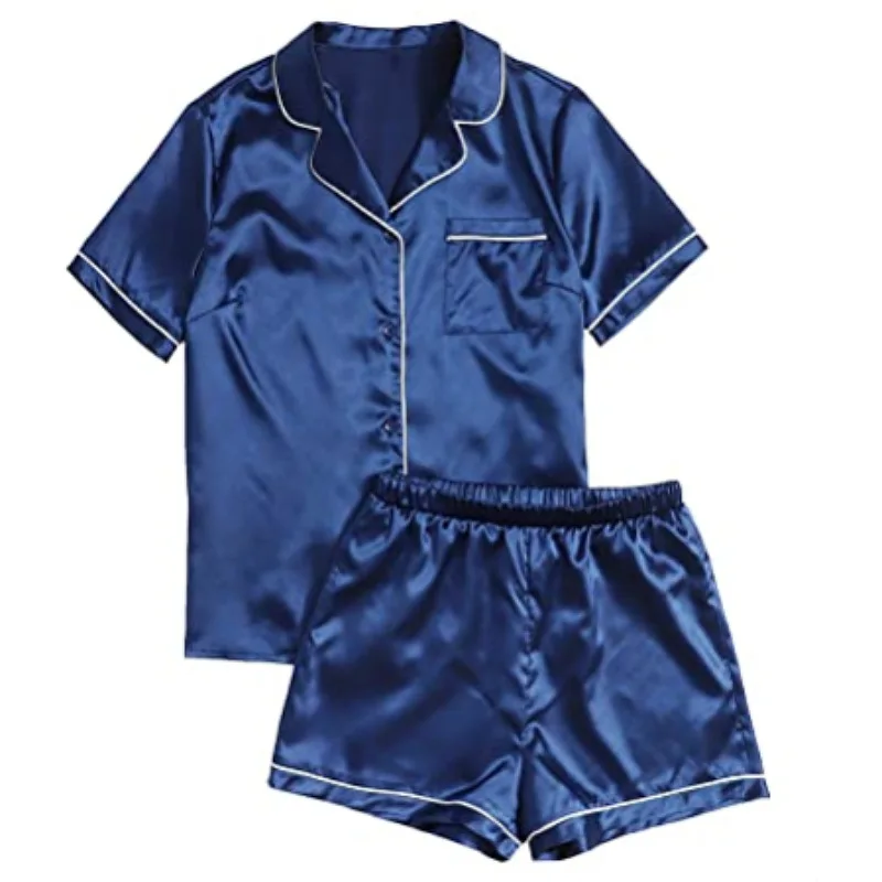 

KG5018 2021 Summer New Satin 2 Pieces Shorts Sleeve Silk Sleepwear Soft Pj Two Piece Women Pajamas Sets, Picture shows