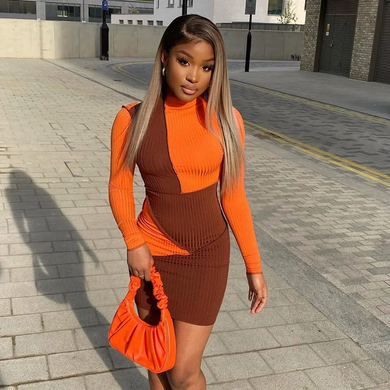 

Trend Contrast Color Long Sleeve TurtleneckSpring Women Elegant Casual Dresses Ladies Ribbed Mini Dress 2021, Customized