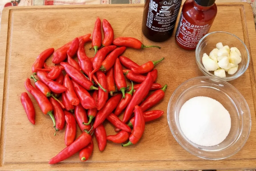 Fresh red jalapeño peppers, garlic cloves, vinegar bottles, and sugar arranged on wooden cutting board for homemade sriracha preparation