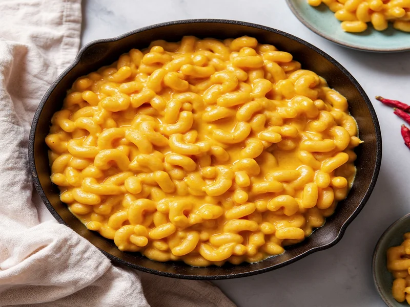 Creamy orange mac and cheese in cast iron pot