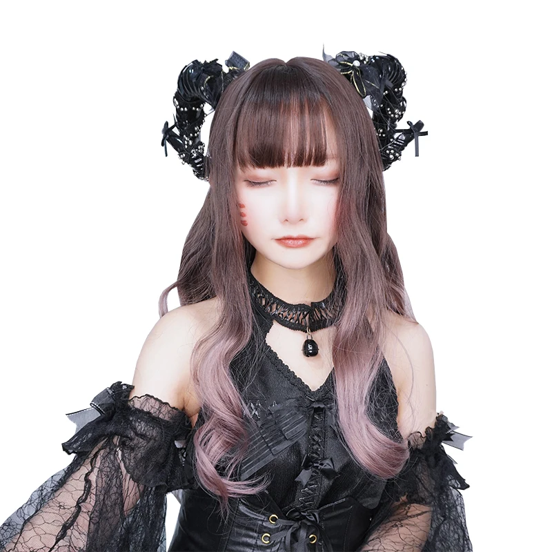 

Rose Gray Pink Gentle Long Wavy Synthetic Hair Wig Sweet Lolita Japanese Cosplay Party Natural Female Princess Wigs, Pic showed