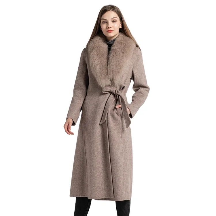 

Wholesale Custom Warm Winter Long Wool Women Coat with Fox Fur Collar, Customized color