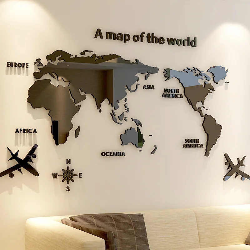 3D Mirror World Map Art Removable Wall Sticker Acrylic Mural Decal Home Decor Y1