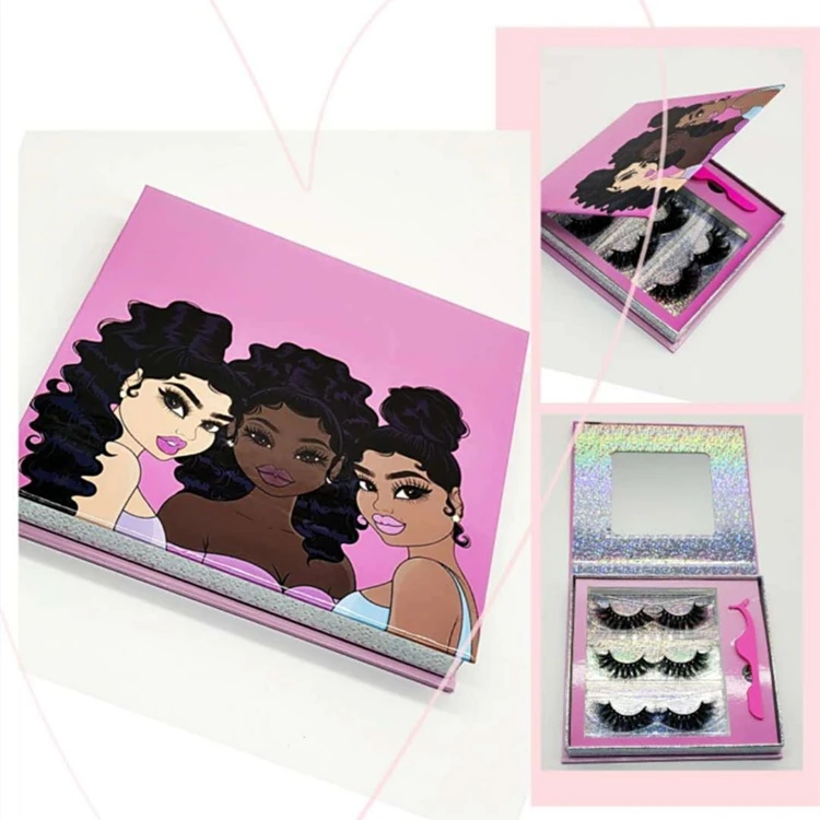 

3 pair eyelash package box with tweezer and glue mirror mink false eyelash case