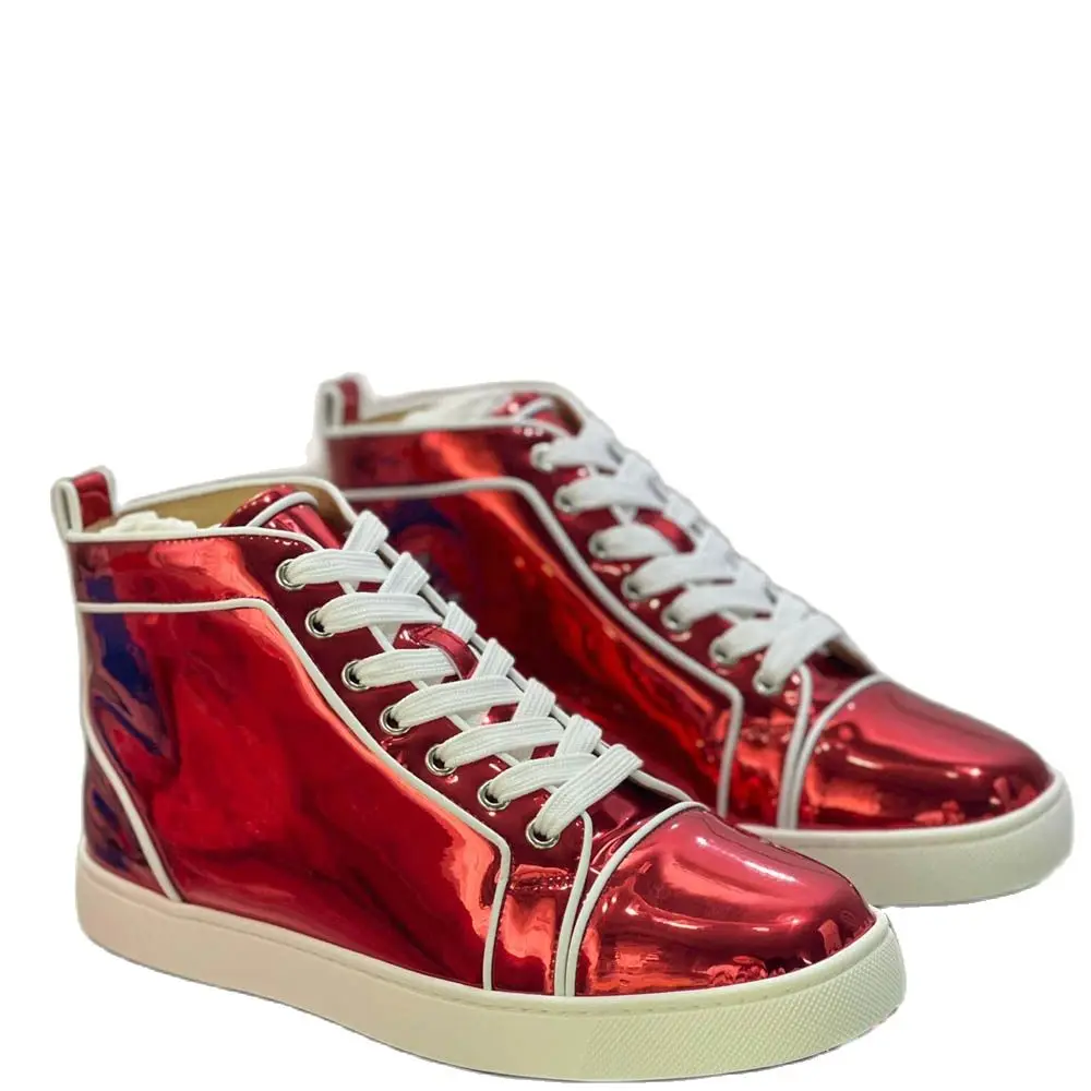 

High Top Red Bottom Luxury Patent Leather Shoes For Men Lace Up Spikes Casual Flats Loafers No Rivets White Sole Women Sneakers